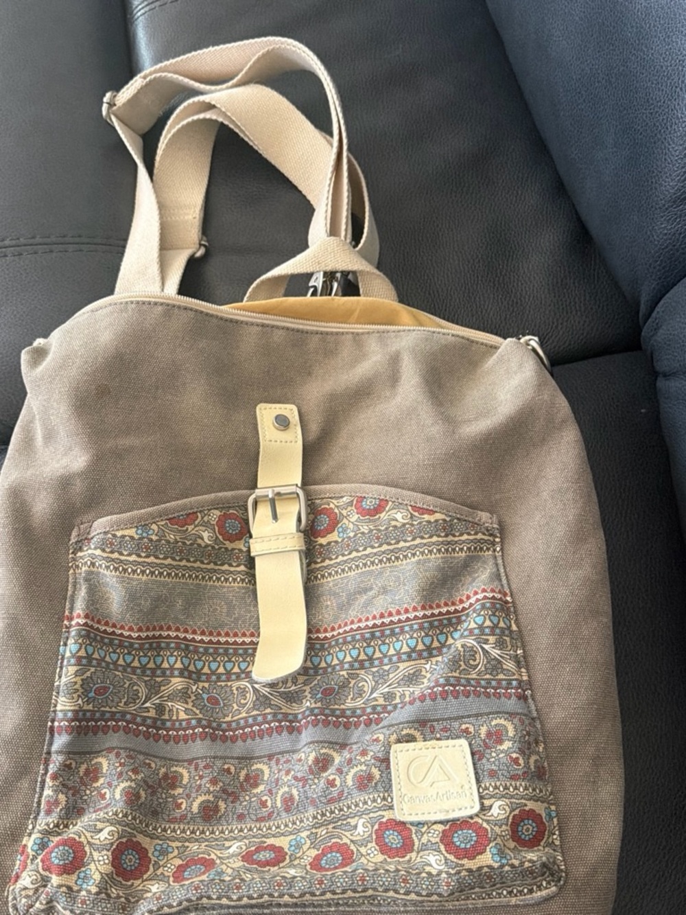 Source Unknown Tan Canvas Backpack with Paisley Front Pocket - Picture 4 of 10